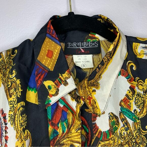 Tribes for her vintage 100% silk long sleeve print button down blouse native S - Picture 2 of 7